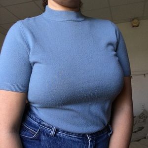 blue mock neck tee shirt sweater